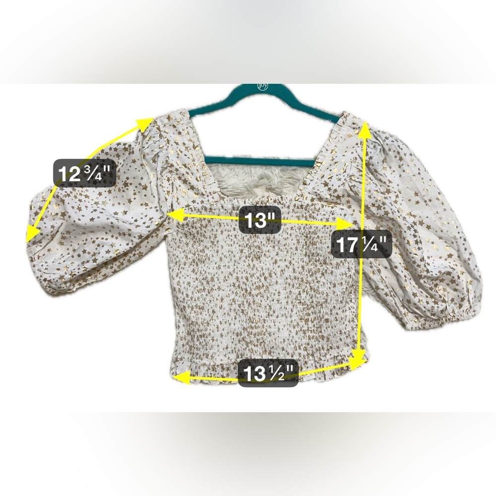 Emily McCarthy White Gold Metallic Stars Print Puff Sleeve Smocked Top Boho XS - Picture 4 of 8